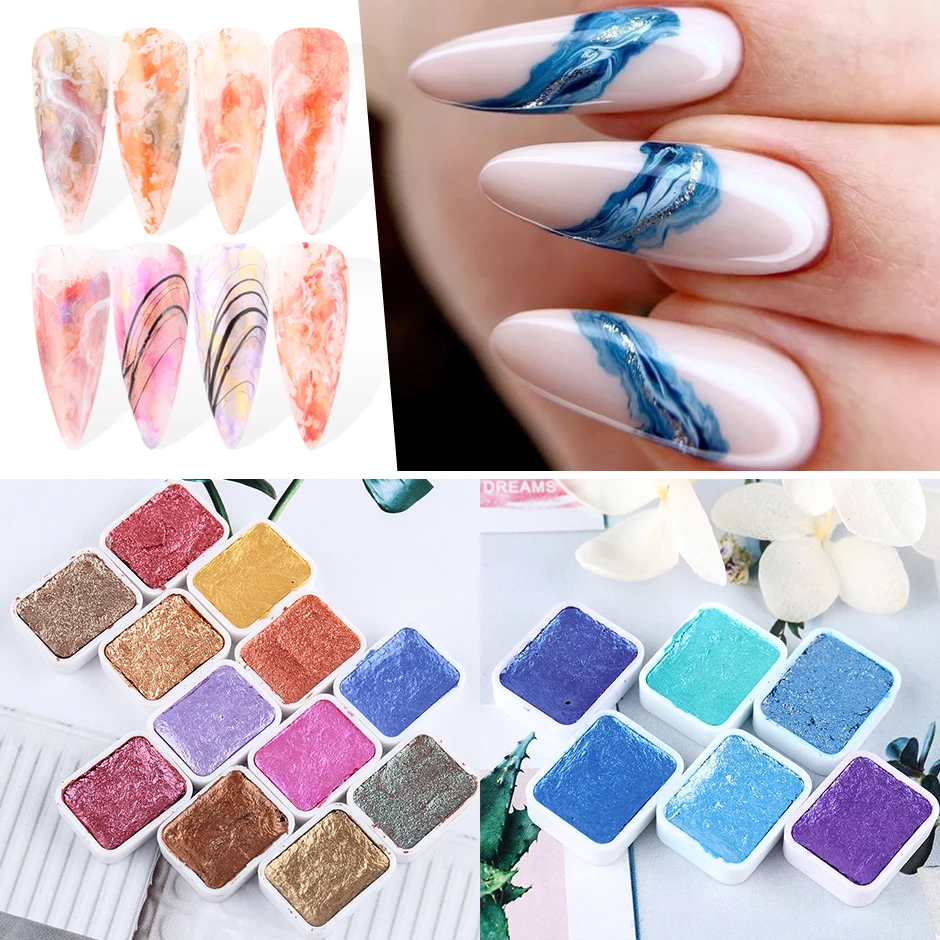 

6/12 Colors/lot Glitter Pearl Solid Watercolor Nail Art Manicure Decor DIY UV Pearl Shimmer Nail Painting Solid Pigment, Blue purple green gold red rose white