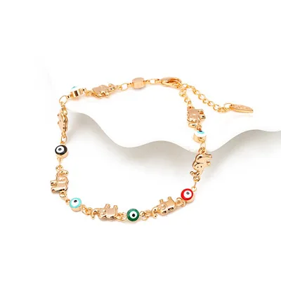 

European Jewelry Gift 18K Gold Plated Rainbow Evil Eyes Bracelet Adjustable Oil Dripping Eyes Beads Elephants Bracelet For Women