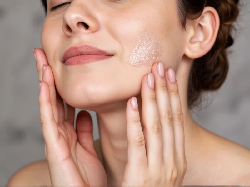 Hands applying natural exfoliator in circular motion on cheek