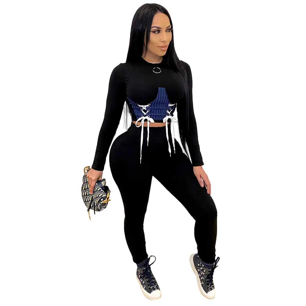 

2020 New arrivals In Stock women sexy o neck long sleeve top and long pants fashion casual two piece set