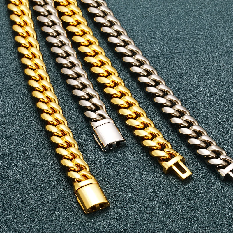 Luxury Non Tarnish Waterproof Hip Hop Jewelry 10mm Box Buckle Gold Plated Stainless Steel Cuban Link Chain Necklace