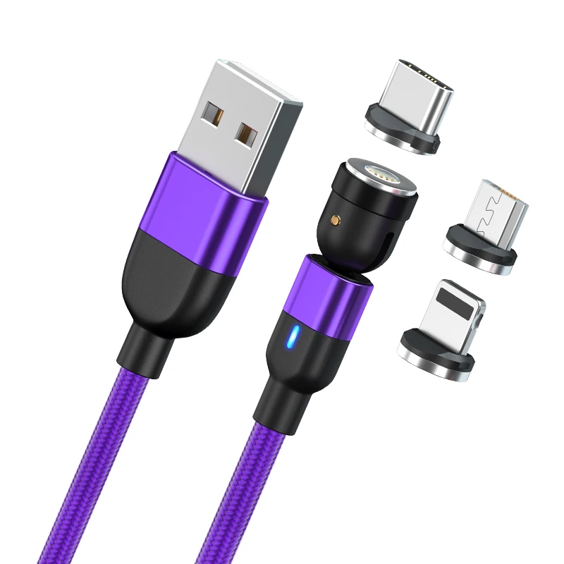 

Free Shipping 540 Rotation Led Micro Usb 3A Fast Charge Type C Magnetic Charging Cable With Data Transmission, Red /purple/black