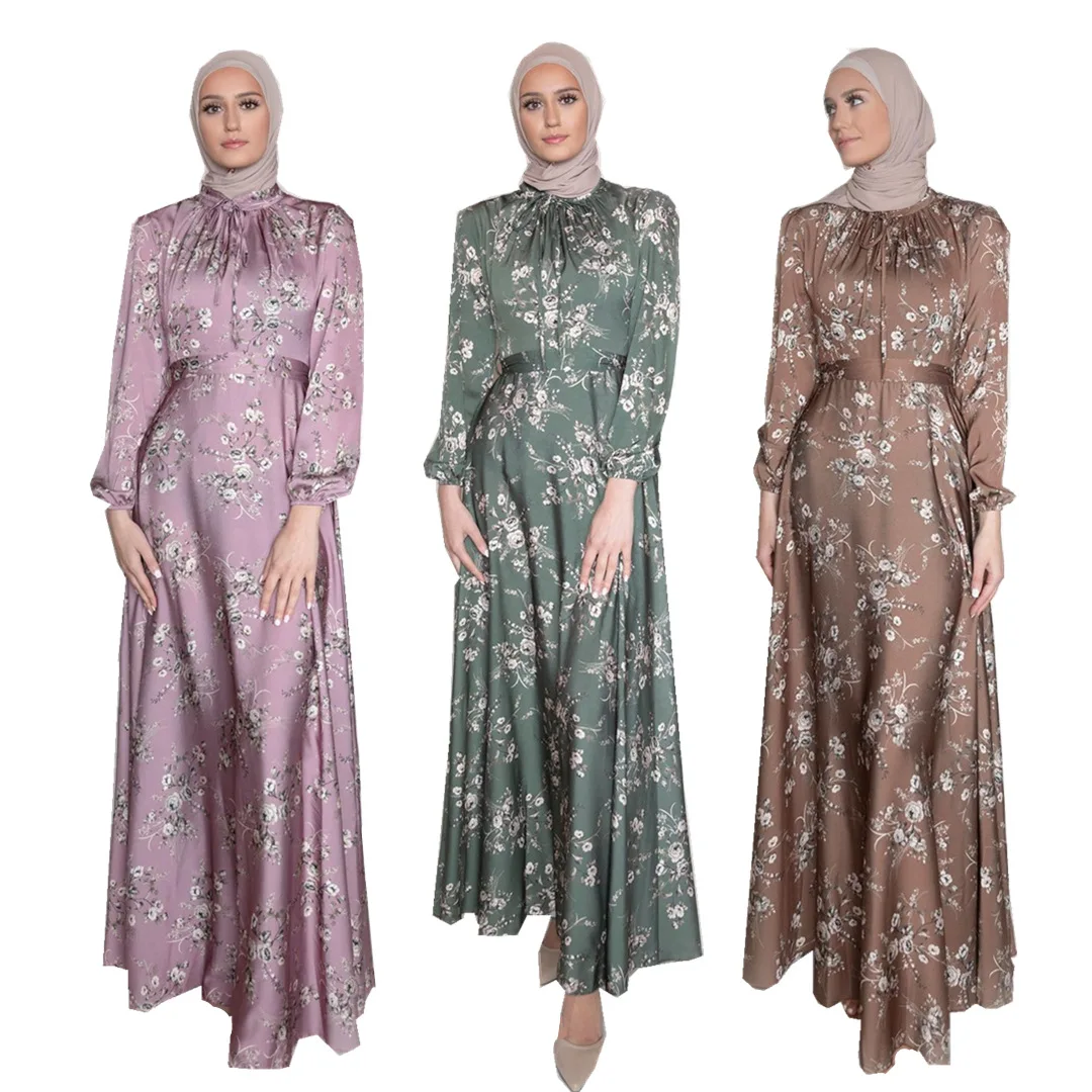 

2022 New Design Muslim long sleeve printed satin silk maxi dress for women, Picture
