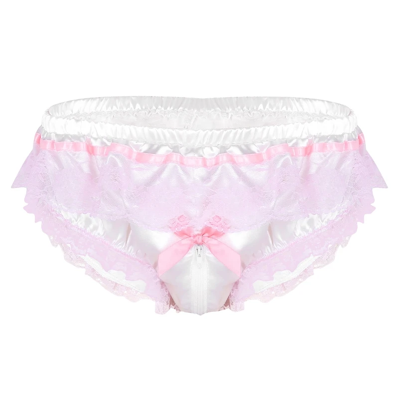 

iEFiEL Mens Sissy Shiny Satin Lingerie Briefs Low Waist Floral Lace Zipper Crotch High Cut Underwear Panties