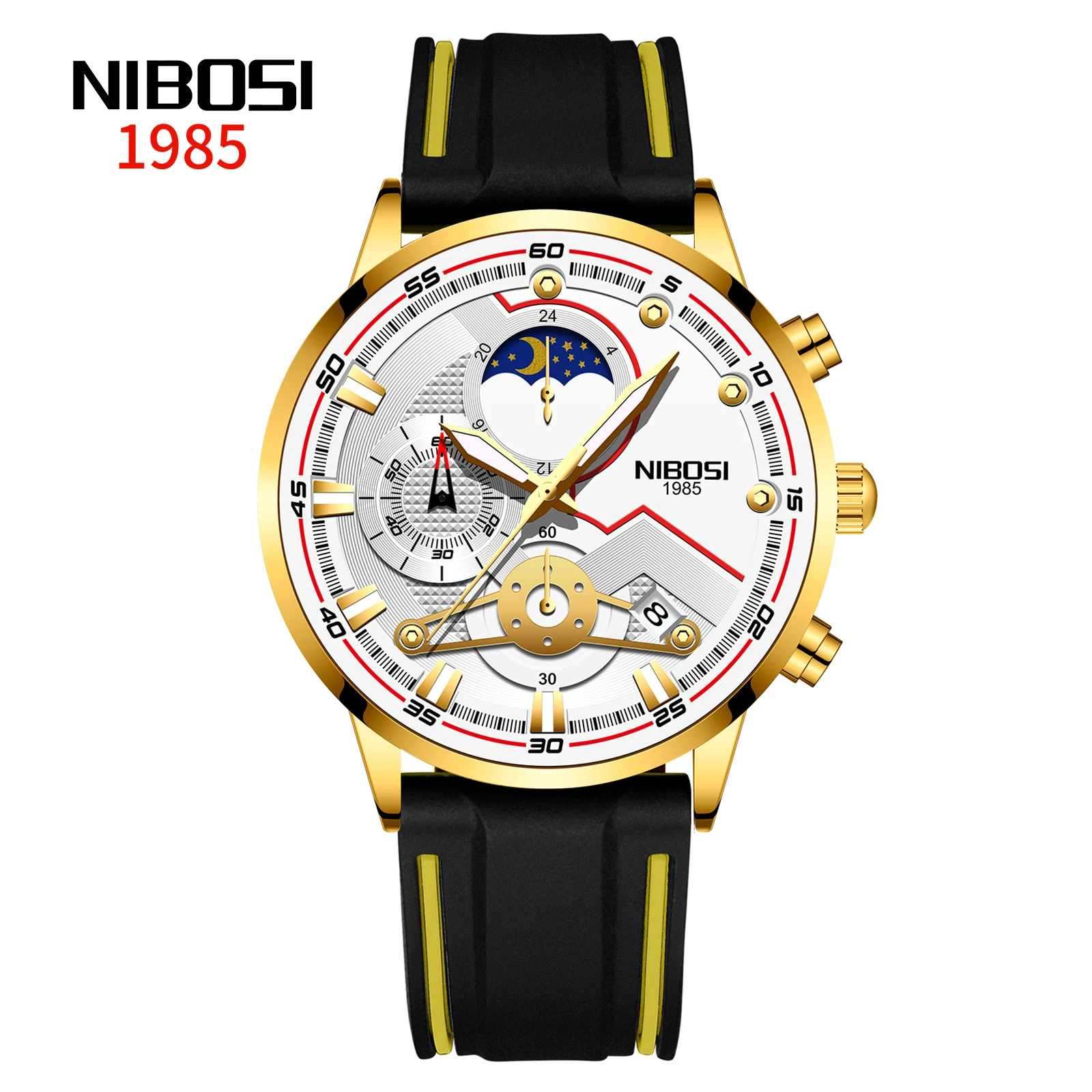 

Nibosi 2503 White Face Gold Hour Minute Second Indicators Sports Style Man Casual Watch Oem, 4 colors