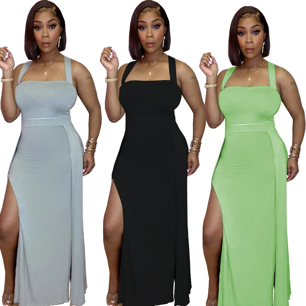 

European and American sexy women's dress solid color sling split dress
