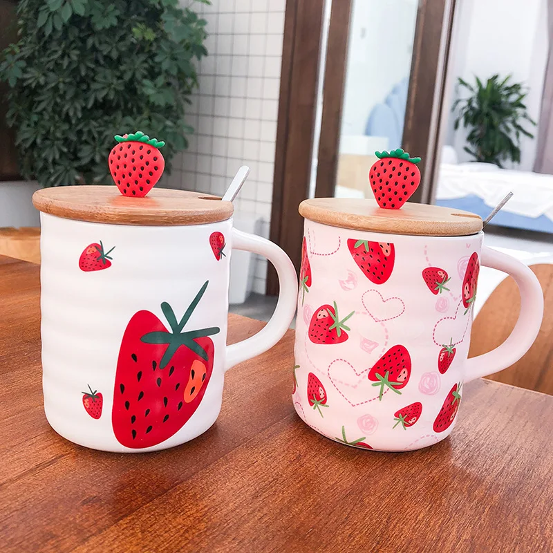 

Korean style frosted with cover spoon strawberry ceramic cute girl's heart Net red mug student creativity coffee cup