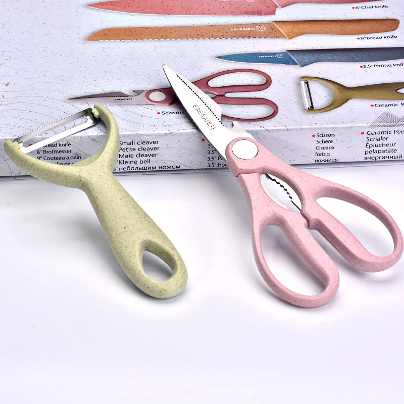 
Most Popular 6pcs Non-stick blade Stainless Steel Kitchen Knives Set with Wheat Straw Handle 