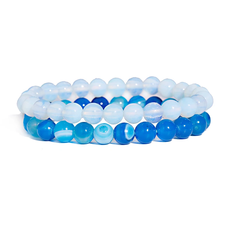 

2 Pcs/set Men Women Natural Gemstone Handmade 8mm Round Blue Beads White Opal Stretch Bracelets Jewelry, Multi-colors