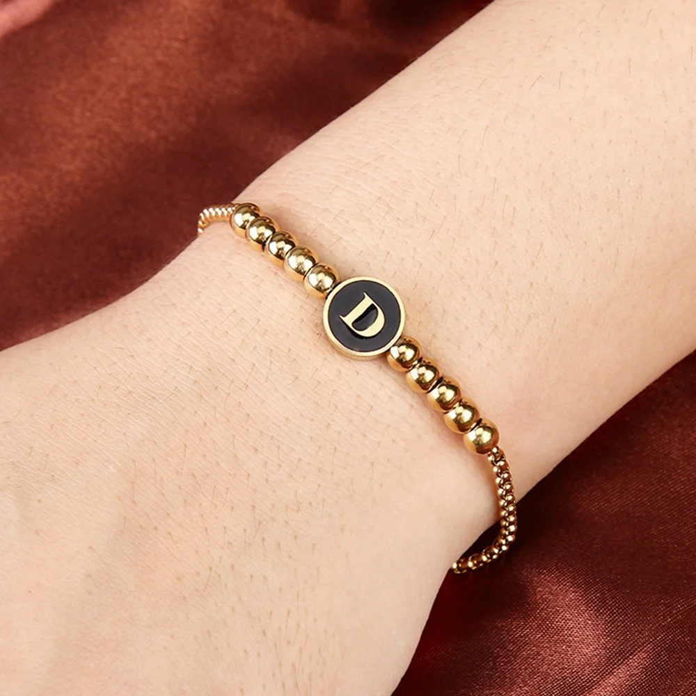 

Gold Plated Fashion Stainless Steel Bead Bracelet Adjustable Men Women Letter Initial Bracelet