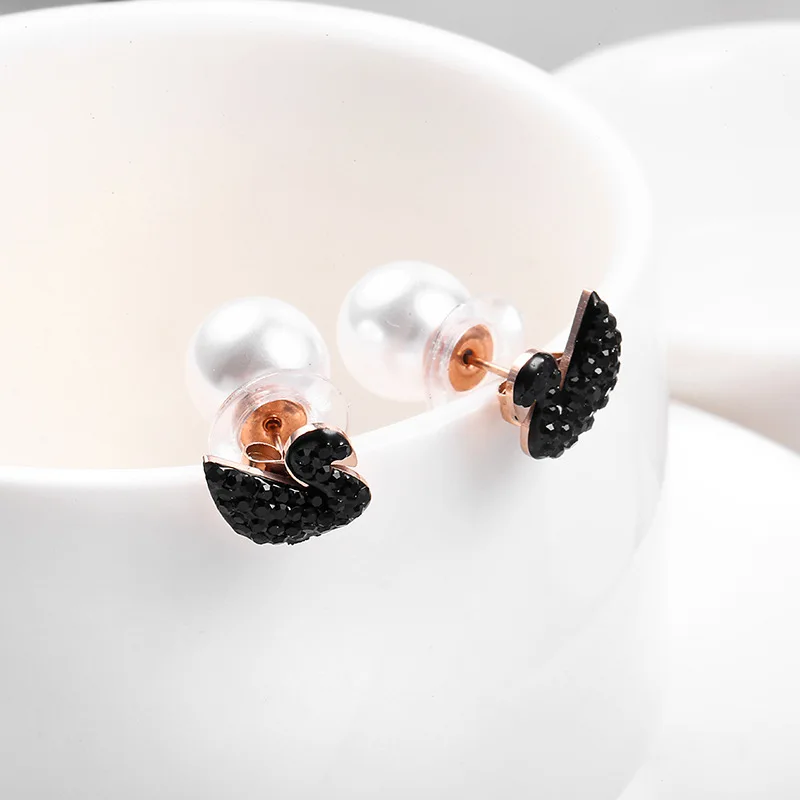

Fashion Pearl Back-Hanging Ear Studs Concise Stainless steel Black Prevent Allergies Black Swan Earrings Crystal