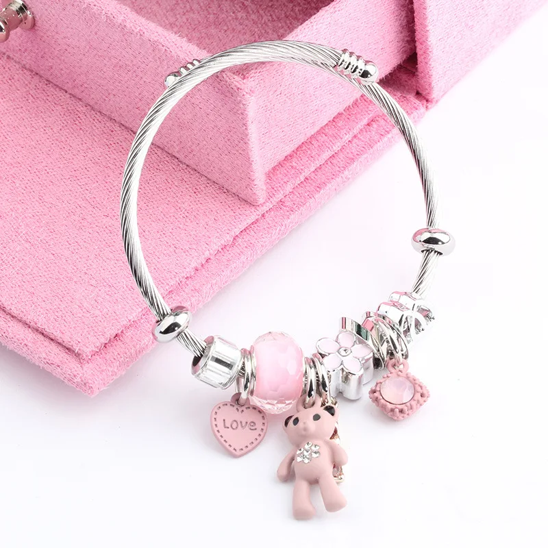 

2021 Pink Crystal Stainless Steel Charm Bangle crystal Kids Bracelet, Pink gray