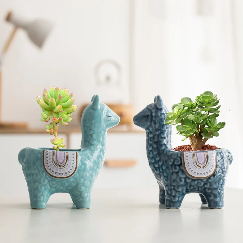 

Amazon Hot Sale Creative Personality Lovely Animal Alpaca Shaped Ceramic Succulent Planter Indoor Flower Pots, Customized color