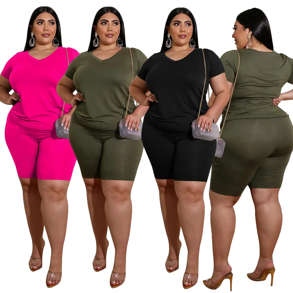 

2022 new arrivals summer customize logo solid color joggers set women casual V neck two piece sets plus size women clothing