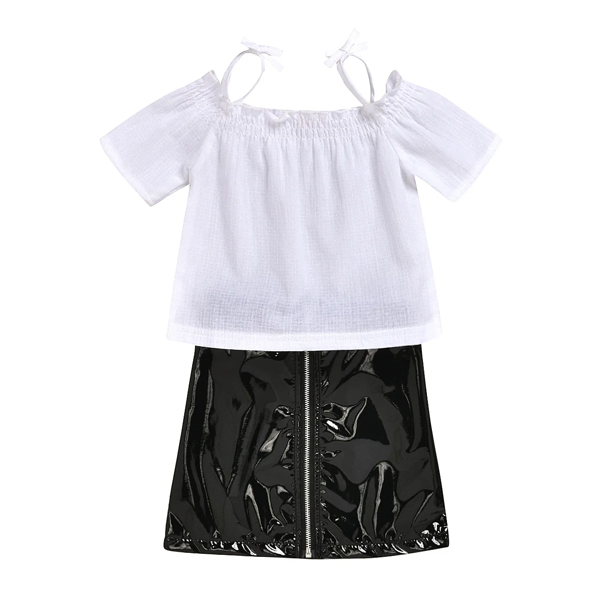 

Girls Middle Cotton Textured Cotton Top + Shiny Leather Zipper Skirt Set Two-piece Suit for European and American Kids