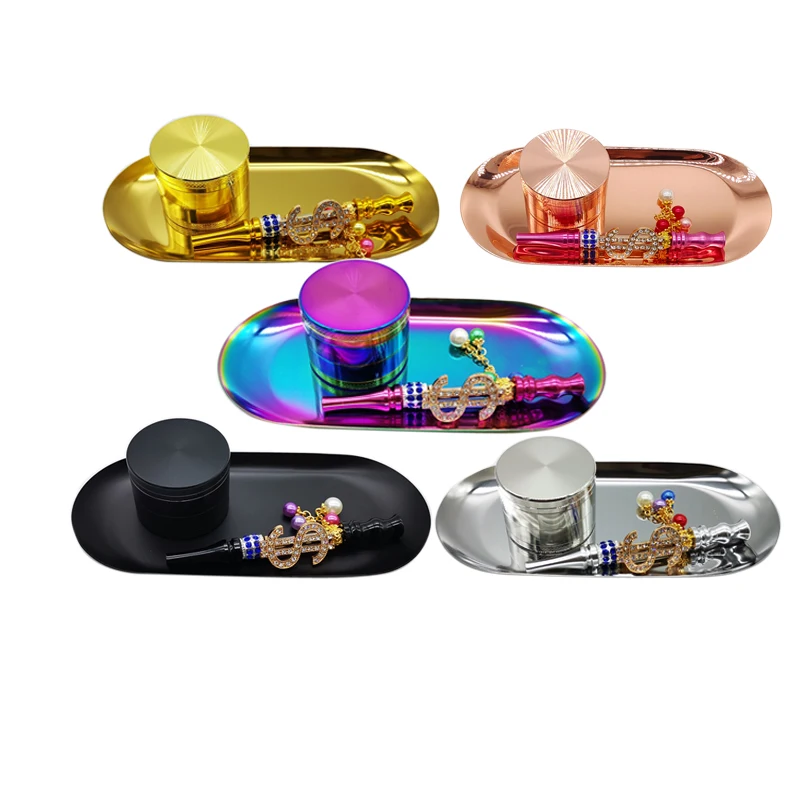 

High Quality Custom Metal Grinder herb Rolling Tray Set and Grinder Smoking Weed Accessories Set with bling blunt holder, Mix colors