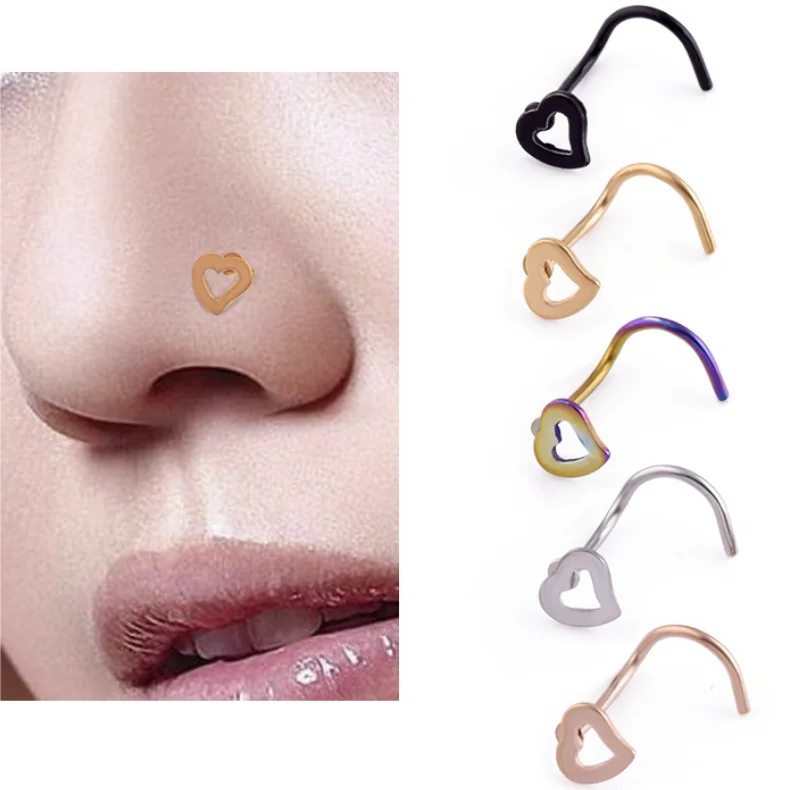 

2020 Hot sale hollow heart nose ring surgical steel plated sexy nose studs piercing jewelry, Silver,black,gold,rose gold,rainbow