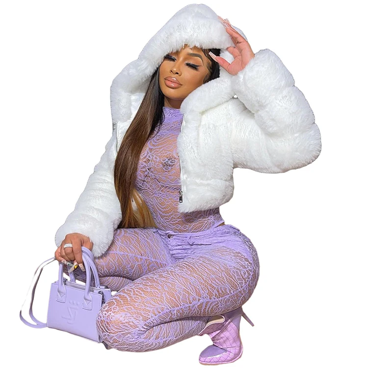 

Drop Shipping Hot Selling 2022 New Winter White Faux Fur Coat Women's Hooded Crop Fur Jacket