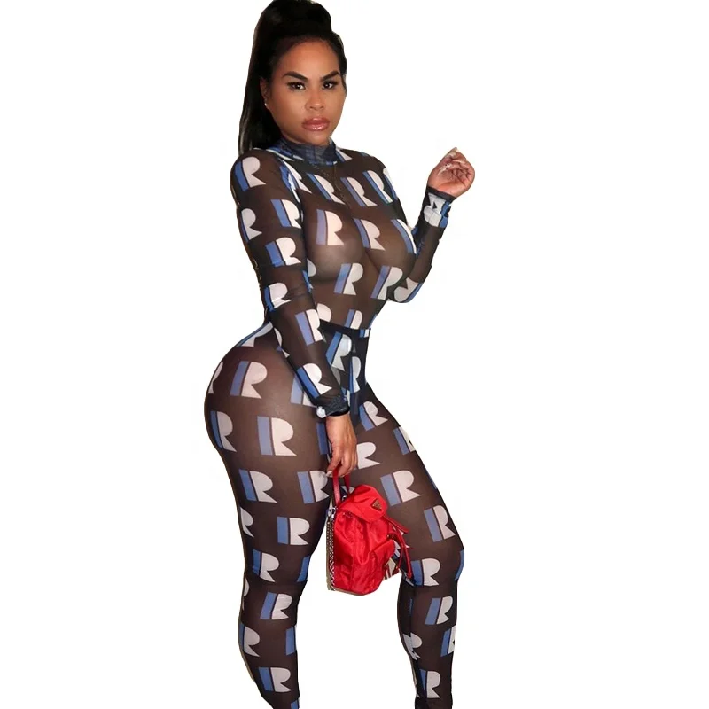 

Letter Print Mesh Sheer Party 2 Piece Bodysuit Legging pants Sets Of Women