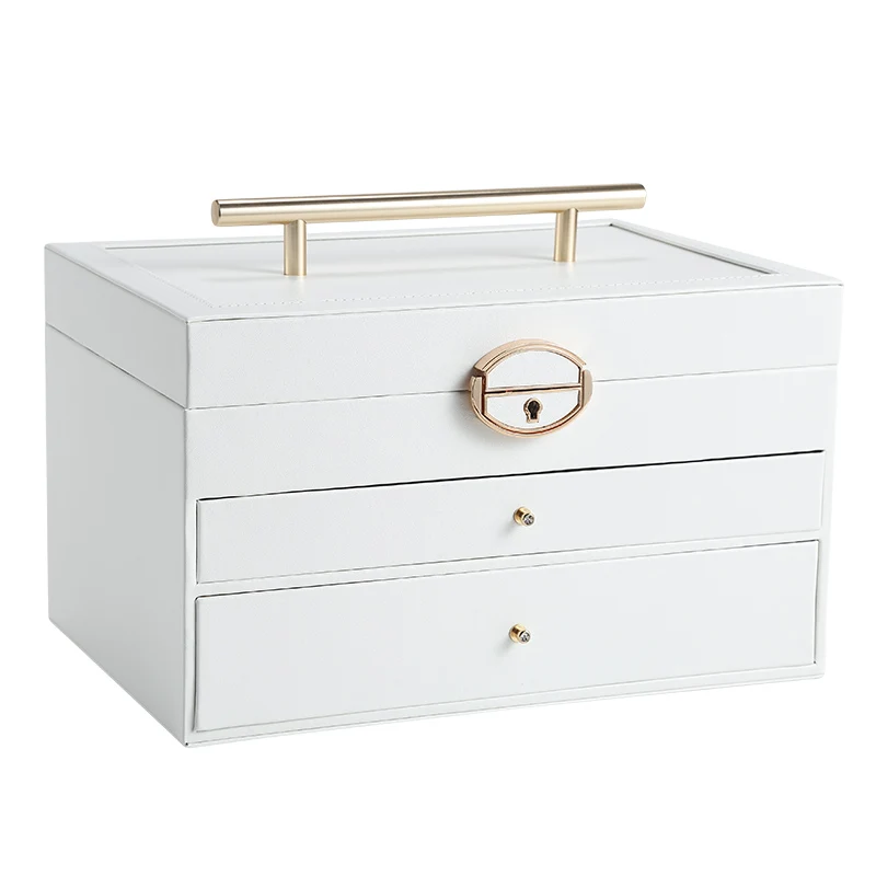 

Customized Logo Handle Leather Jewelry Box with Drawer Mirror boite a bijoux Large Ring Necklace Earring Jewellery Organizer