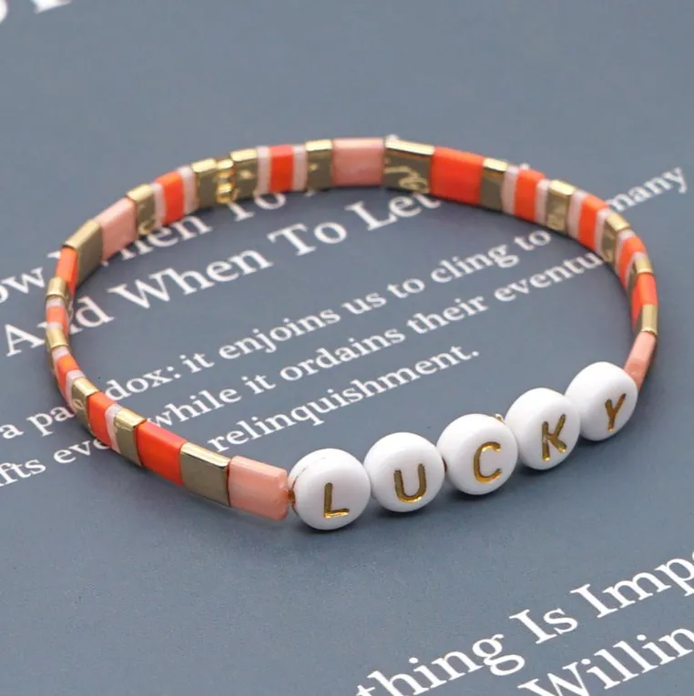 

Fashion new design good quality miyuki tila glass seed beads friendship letters gold bracelet