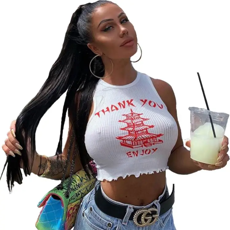 

2021 custom logo wholesale ladies summer tops white ribbed tank top women