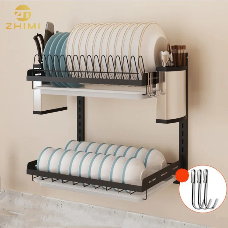 

Rust Protection Kitchen 2 Tiers Stainless Steel Wall Mounted Dish Drying Rack With Knife Storage Holder