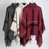 

Stylish Women Loose High Collar Plaid Poncho Sweater Oversized Tassel Cape Cloak Sweater