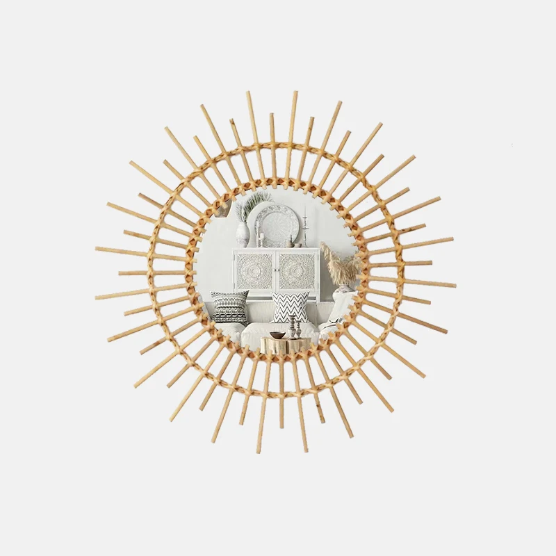 65cm  Newly Designed Nordic Modern Pastoral Style Decorative Mirror Home Natural Hand-Woven Rattan Wall Mirror