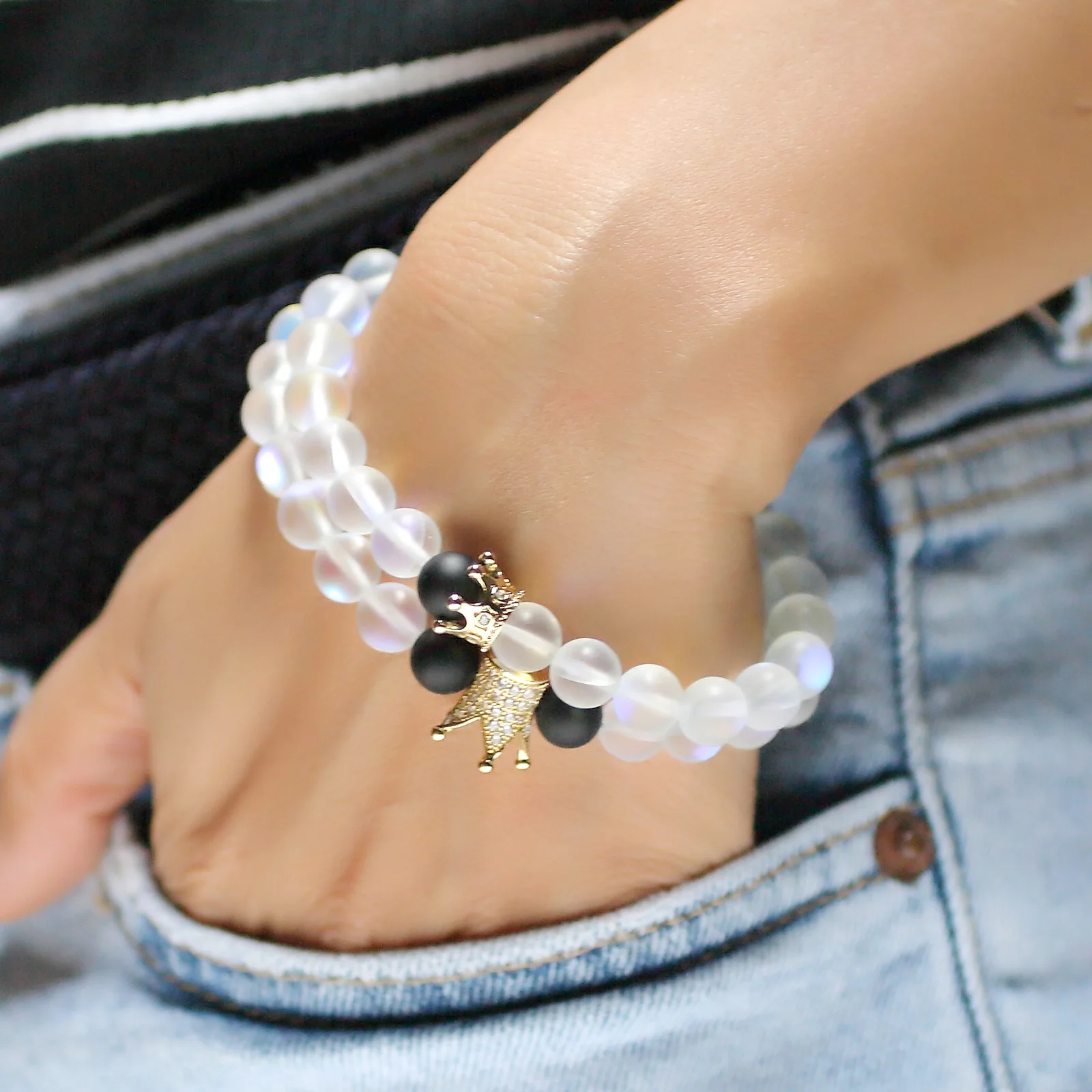 

Loftily Clear Moonstone Black Agate Bead Bracelet Unisex Crown Charm Bracelet Bangle Set