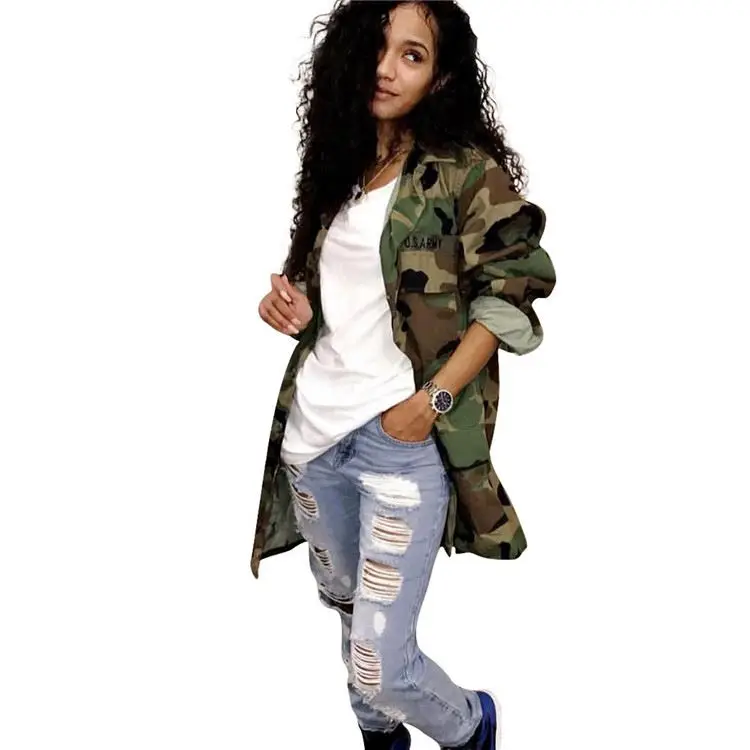 

2022 New Style Ladies Long Camouflage Coat Custom Jeans Windbreaker Denim Motorcycle Jacket jean jacket woman