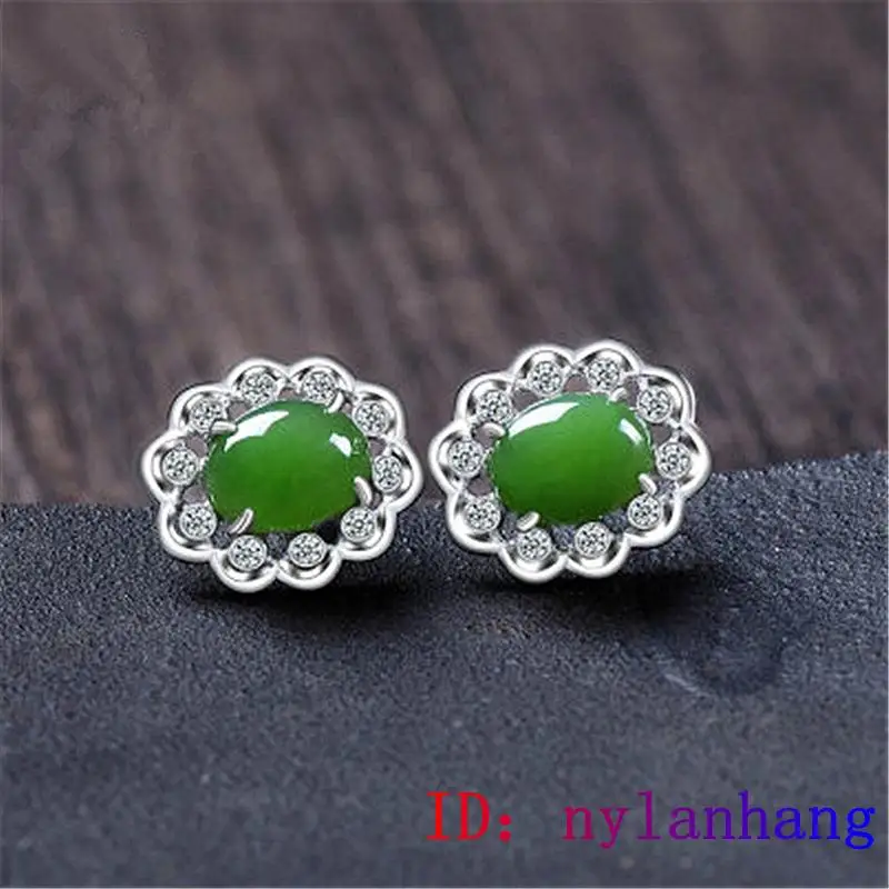 

Green Jade Ear studs Jewelry Earring Zircon Crystal Natural Chalcedony Women Amulet Fashion Gifts 925 Silver Gemstone