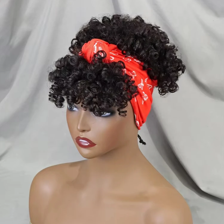 Wholesale African Short Curly Glueless Pixie Wig Headband Non Lace Wigs 100% Human Hair Full Machine Made Bob Wig With Hair Band