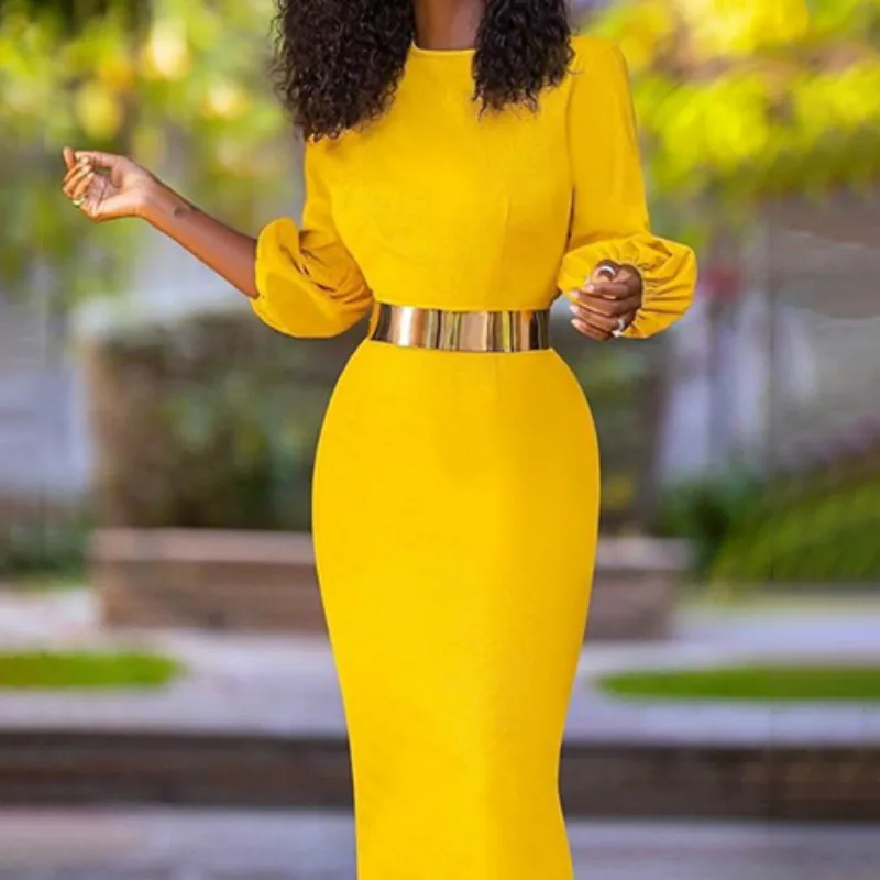 

Elegant Bodycon Yellow Lantern Sleeve O Neck Office Lady Career Dress