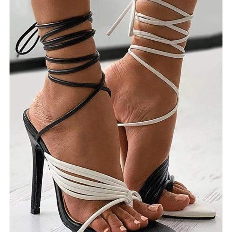

2022 Italian Style Thick Block Heeled Sandals Lady Black White Patchwork Lace Up Flip Flops Pointed Toe High Heel Sandals Women