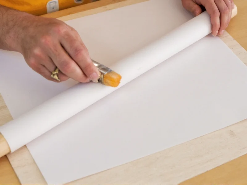 Hand rolling paper diagonally around wooden dowel with paste brush
