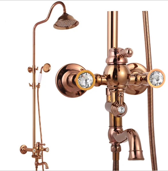 

Household Shinny Rose Gold Combo Shower Fixtures System Wall Hung Bathroom Shower Set With Slide Bar