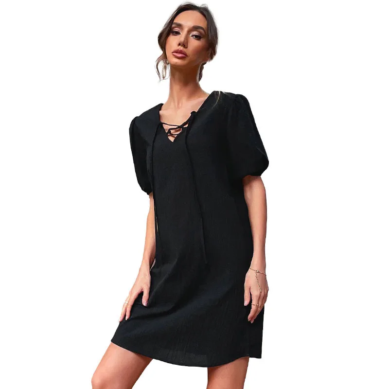 

2022 Summer Fashion Women's Casual Short Sleeve T-Shirt Solid Color Dress Lace Up Black Slim Short Dress, Customized color