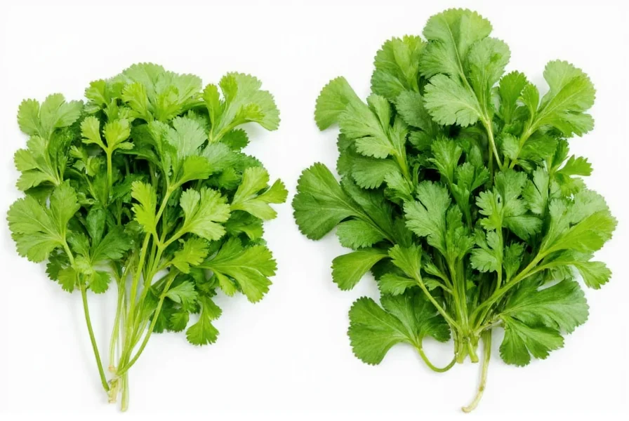 Culantro leaves next to coriander leaves showing visual comparison of both herbs for cooking substitution