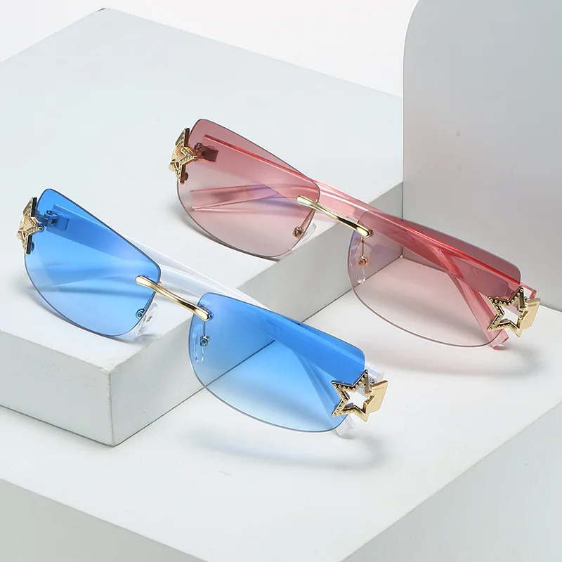 

329445 Female Rimless shade eyewear Star frame rectangle sun glasses luxury Square y2k vintage sunglasses