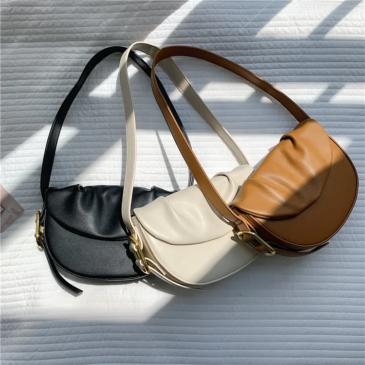 

New products fashion women popular simple shoulder bag pure color PU leather armpit bag pleated semicircle saddle bag