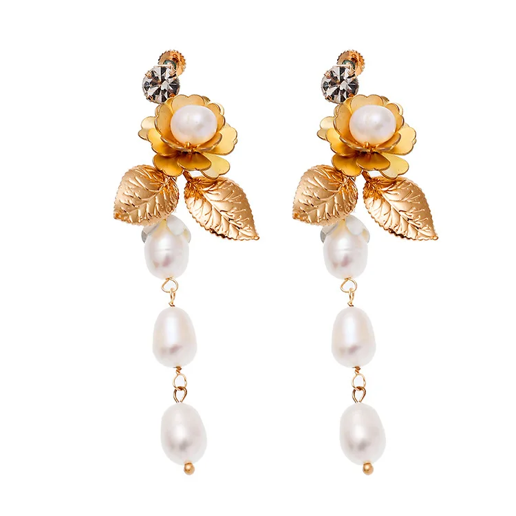 

Fashion Copper Leaf Flower Imitation Pearl High Quality Handmade Pendant Wedding Banquet Earrings
