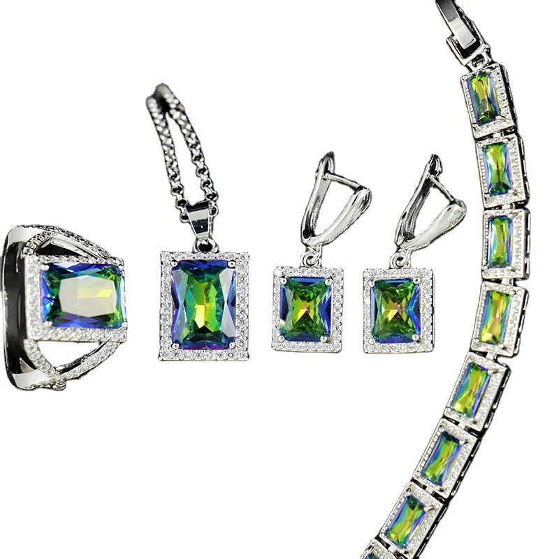 

2020 new design Square shaped colorful big stone rani haar platinum necklace jewelry set, Picture shows