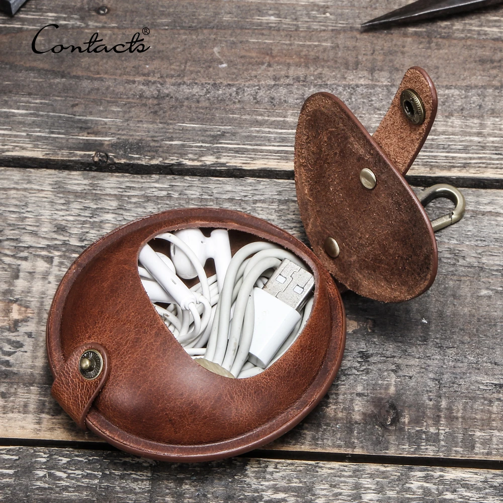 

contact's dropship wholesale custom crazy horse leather headphone protective cover iphone 3 earphone airpods case with keychain, Coffee/camel/custom color