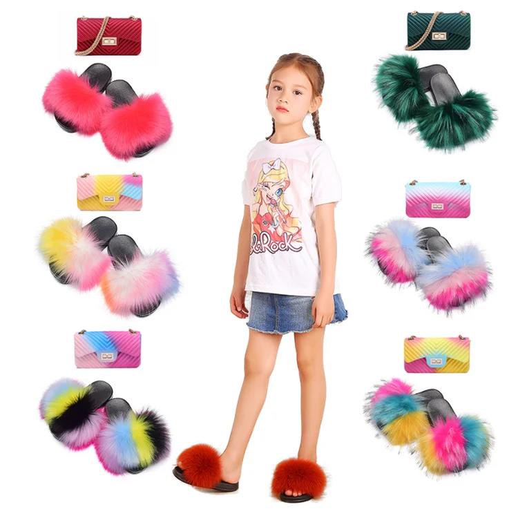 

Quickly Shipping Fur Slides Cute Fashionable Purse Jelly Bag Set For Kids And Toddlers, Light brown, dark brown, white pink purple