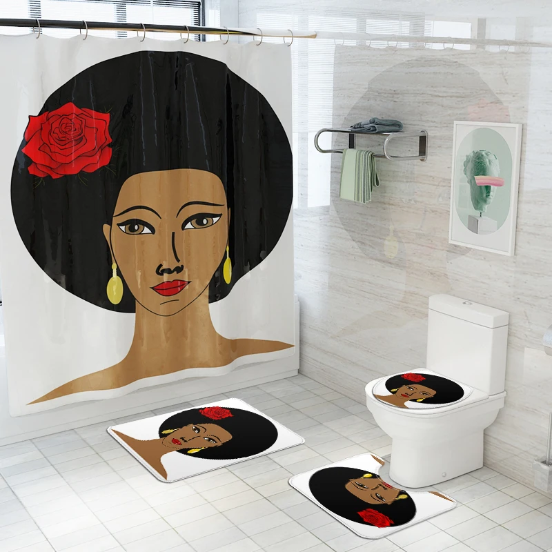 Africa Style Anti Slip Bathroom Rug 4 Piece Set Custom print Shower curtain