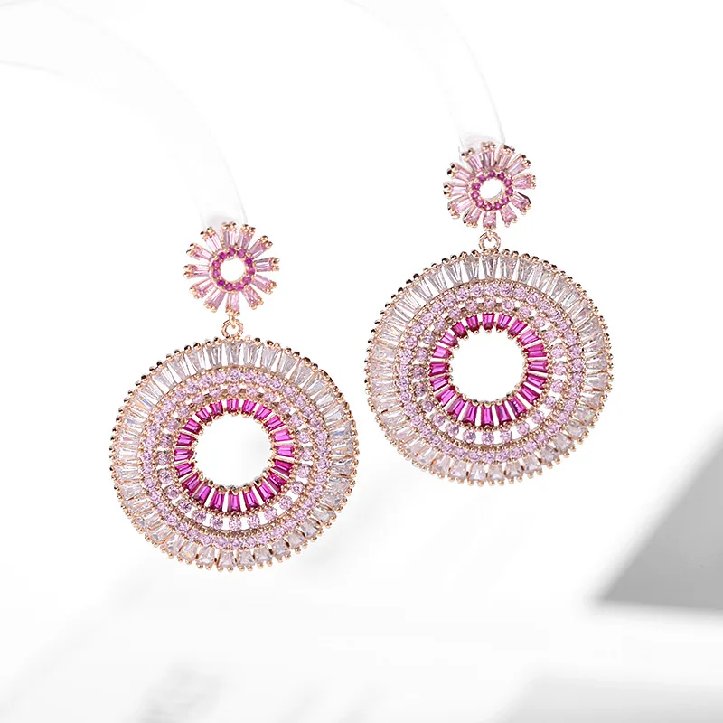 

New Design Retro Ethnic Sweet Gradient Blue Pink Zircon Rainbow Circle Drop Earrings for Women, Gradient blue, gradient pink