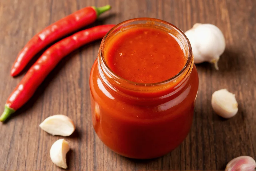 Close-up of homemade chili garlic sauce in glass jar with fresh red chilies and garlic cloves beside it
