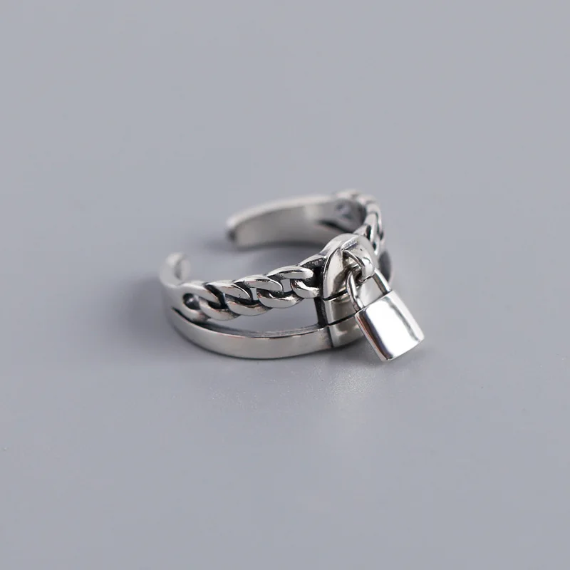 

Korean S925 Sterling Silver Open Ring Geometric Double Layer Lock Retro Personality Adjustable Finger Ring (SK861), As picture