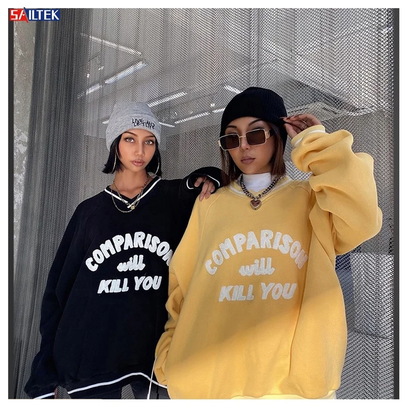 

2022 high quality custom logo hoodie women v neck long sleeve oversized streetwear hoodie, White